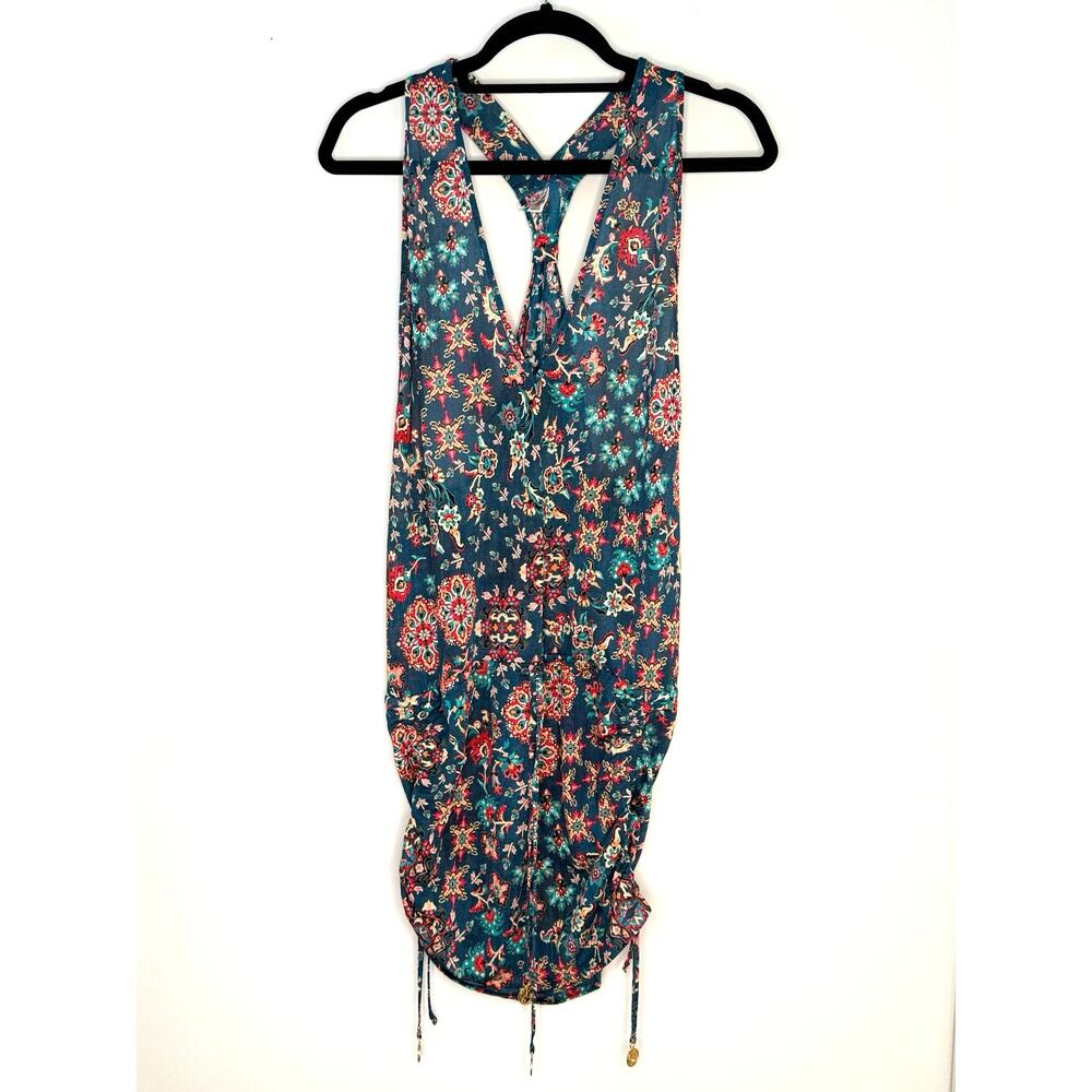 Luli Fama Blue Red Orange Floral Low Waist Ruched Sides Swim Cover-up Sz XS EUC
